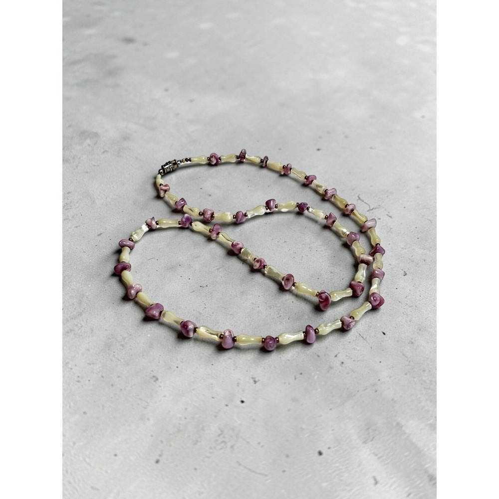 25" Beaded Shell Necklace Purple‎ Cream Boho Coastal